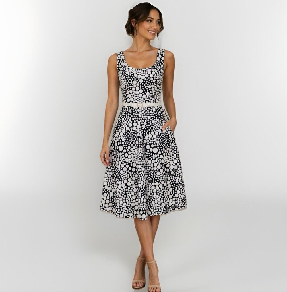 Georgiou Studio Black White Polka Dot Midi Dress Cocktail Wedding Guest Size 0